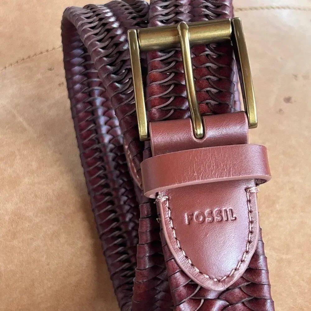 Fossil Maddox Genuine Leather Woven Belt Brown Solid Brass Buckle Western 38